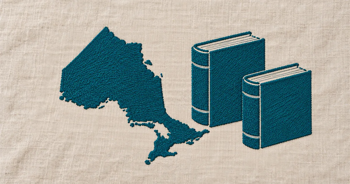 Embroidered outline of Ontario next to two reference books