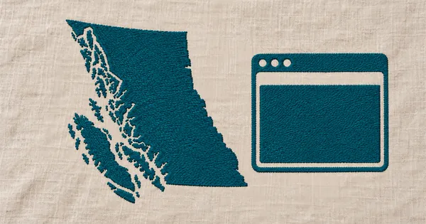 Embroidered outline of British Columbia and a website window on linen