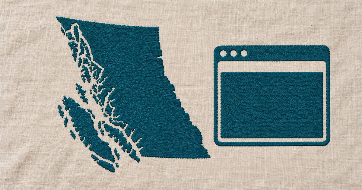 Embroidered outline of British Columbia and a website window on linen