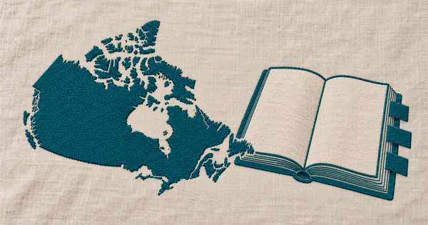 Embroidered map of Canada and an open reference book with tabs
