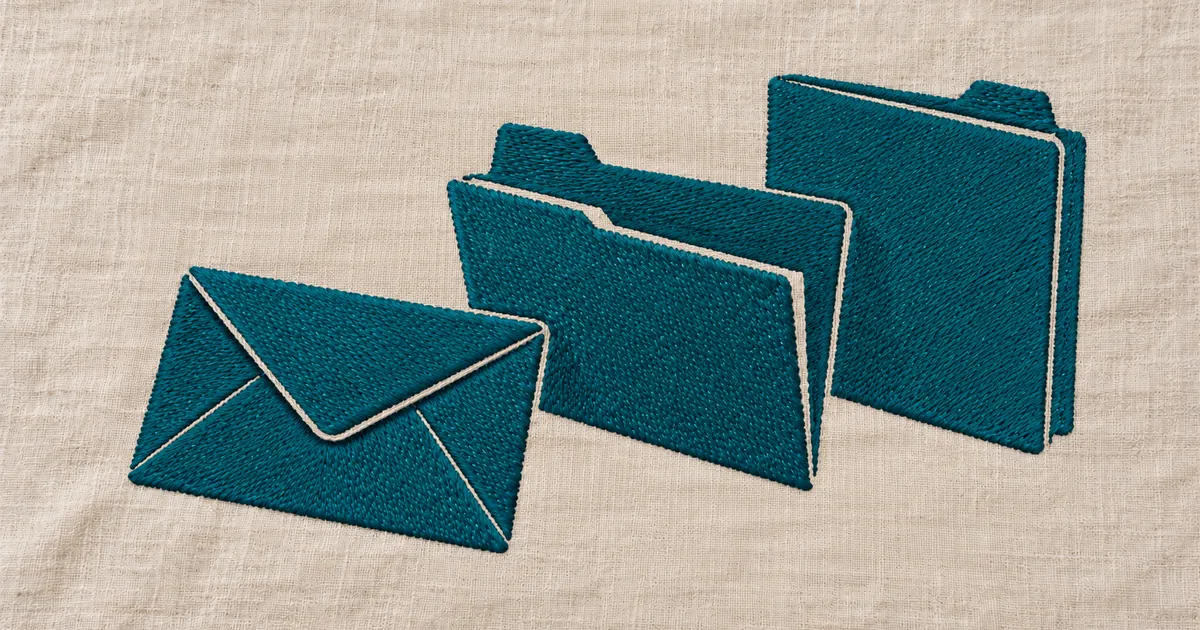 An embroidered envelope and two folders at different depths