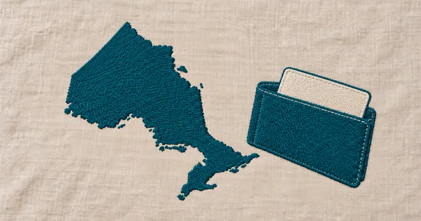 Embroidered outline of Ontario and a holder with a blank card