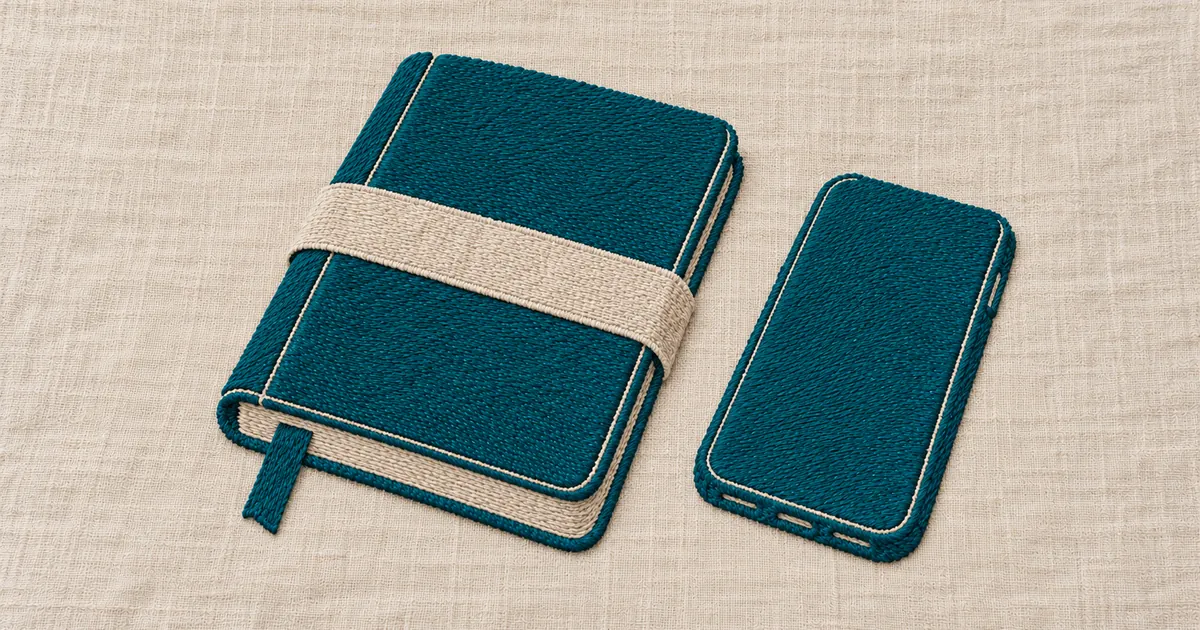 An embroidered diary held shut by a band, beside a phone face down