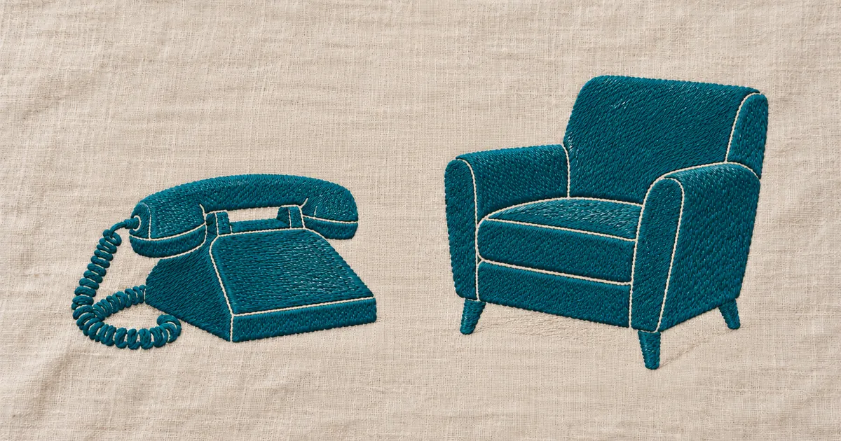 An embroidered telephone and an empty armchair