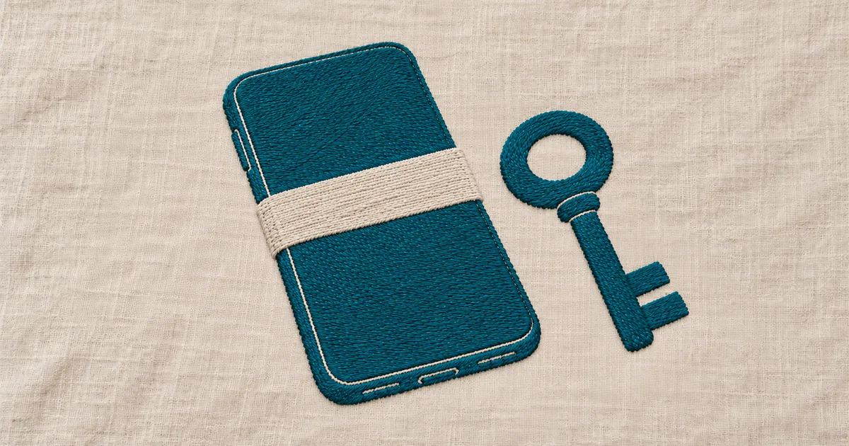 An embroidered phone face down under a wide band, with a key beside it